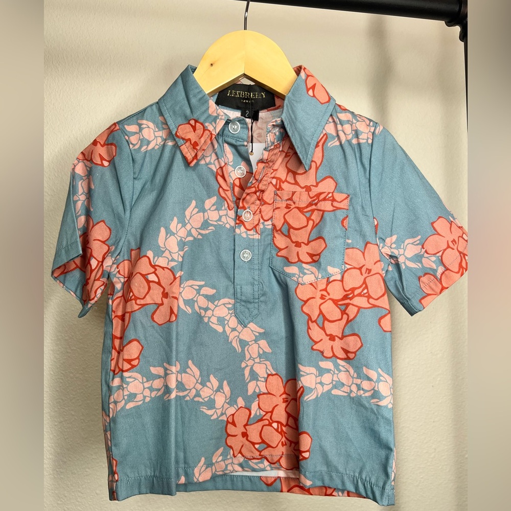 Lexbreezy Kids Floral Button-Down Shirt Blue  & Salmon Puakenikeni Lei size 2T